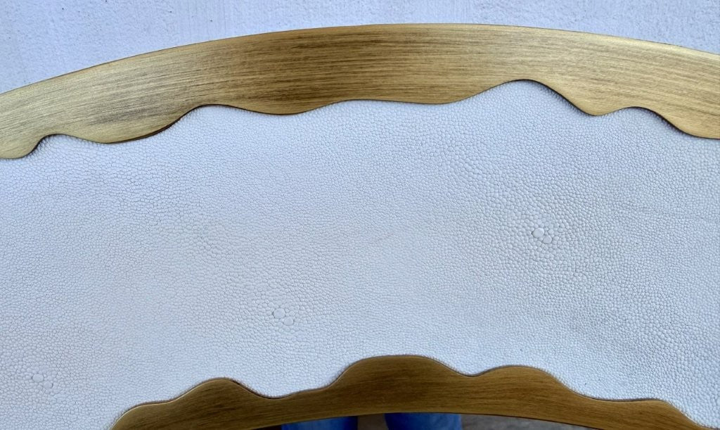 LARGE GOLD METAL MIRROR WITH WHITE LEATHER DETAIL