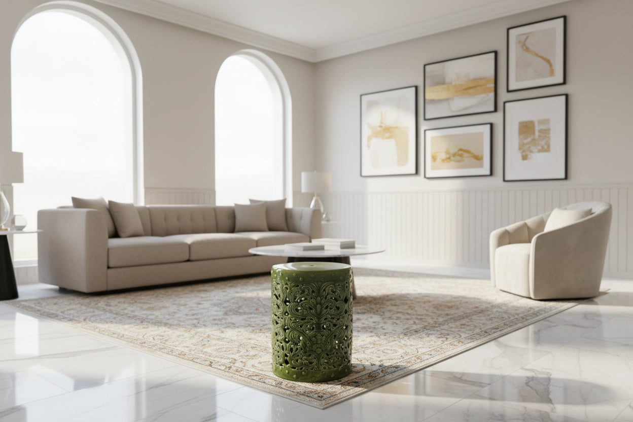 Green ceramic garden stool with intricate patterns on a white background