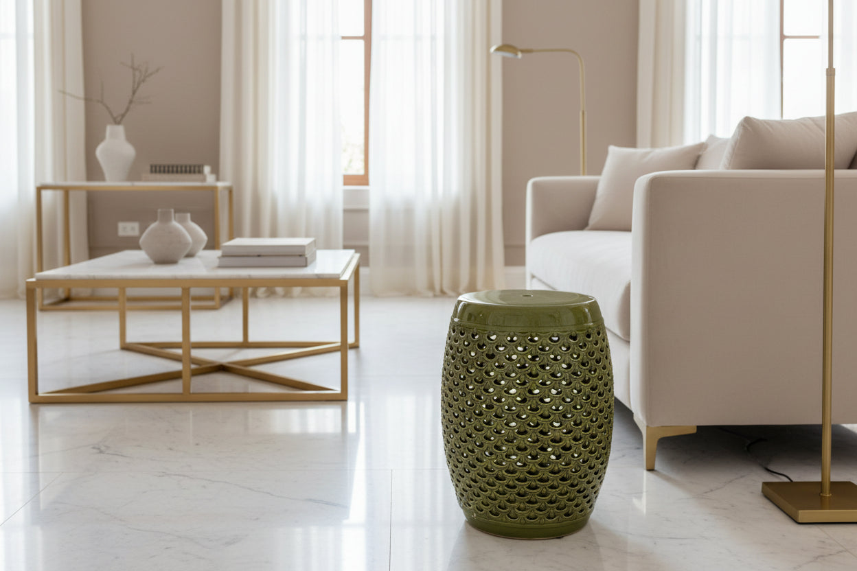 Green ceramic stool with textured pattern on a beige background