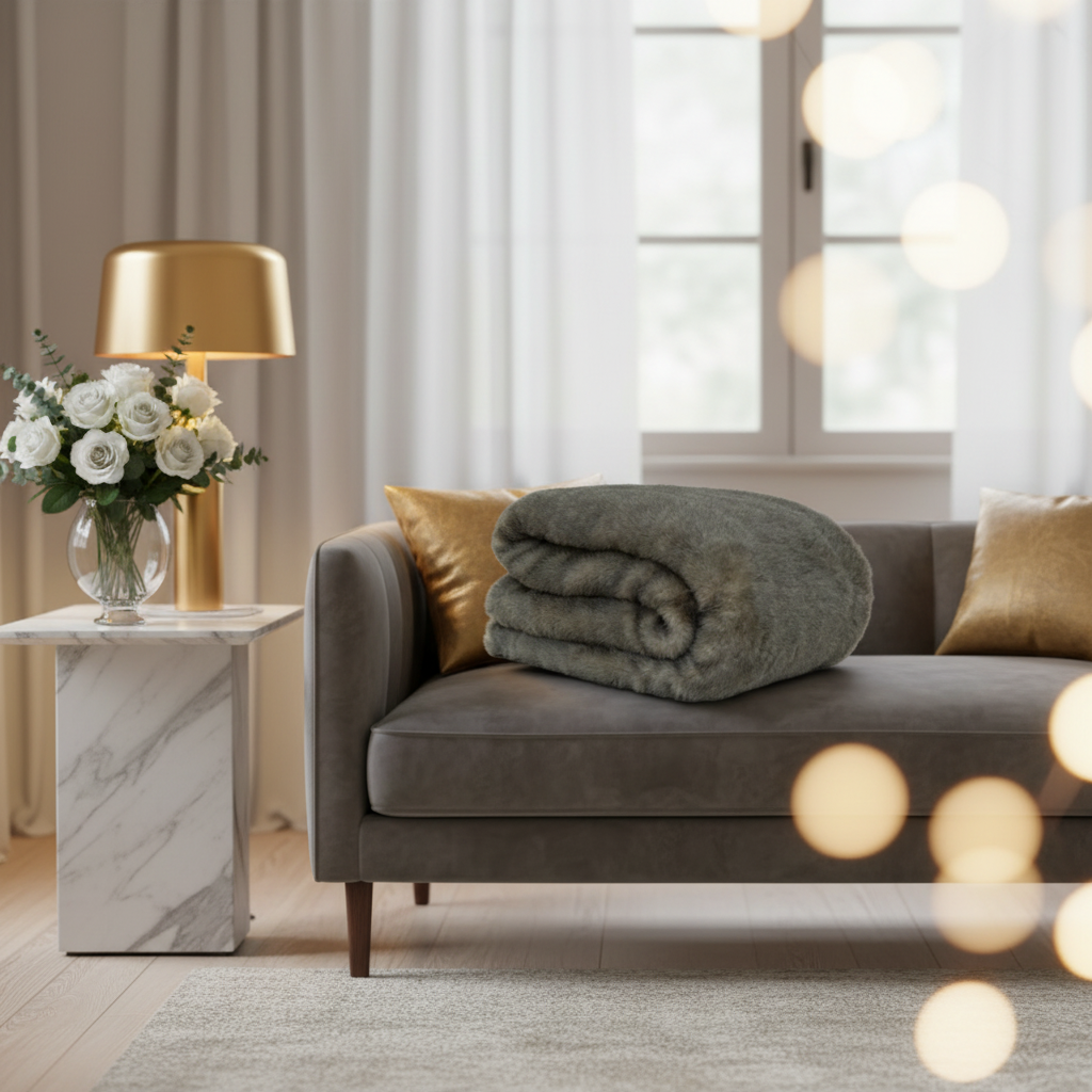 Folded gray blanket on a white background