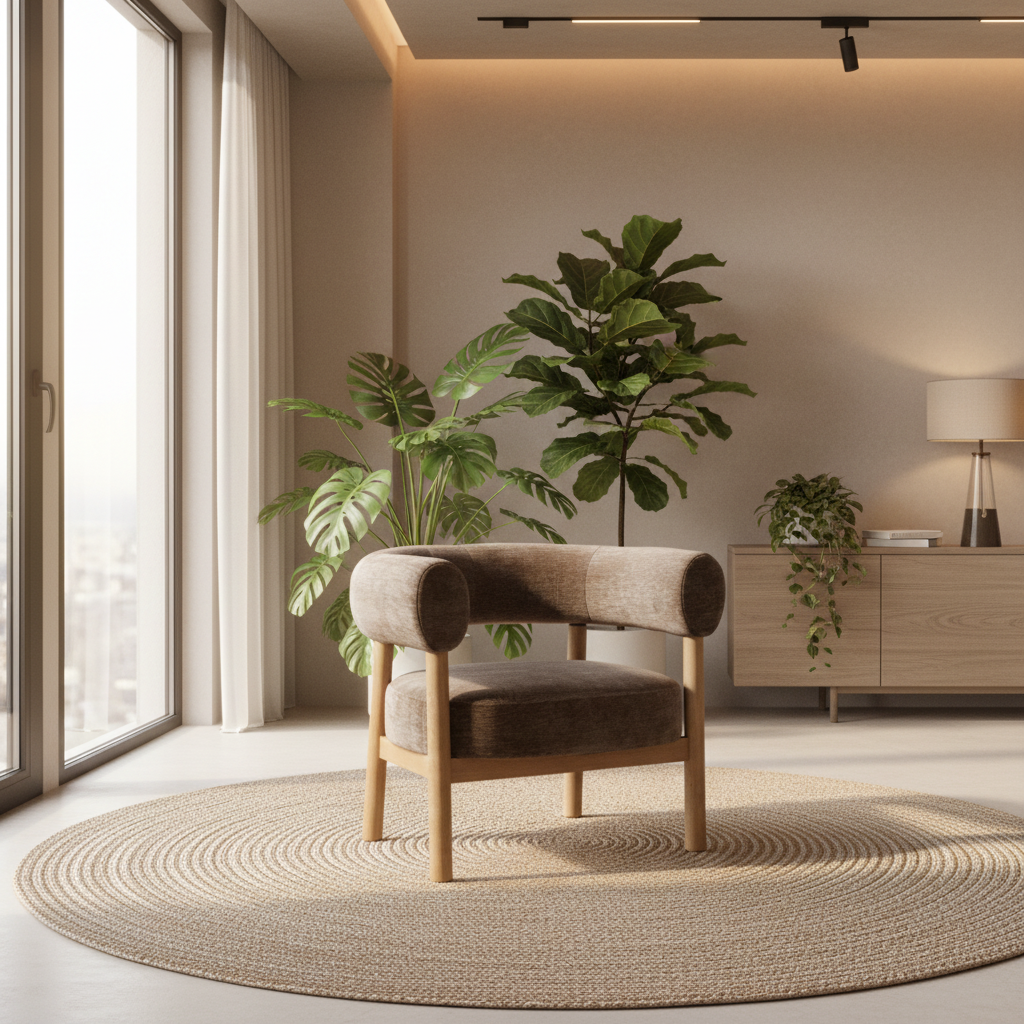 Brown upholstered armchair with wooden legs on a white background