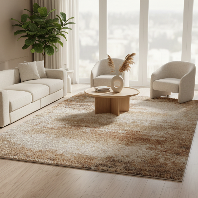 Rug with abstract pattern in brown and beige tones on a white background