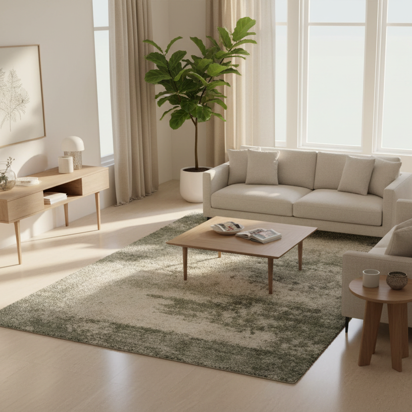 Gray and white abstract patterned rug on a plain background