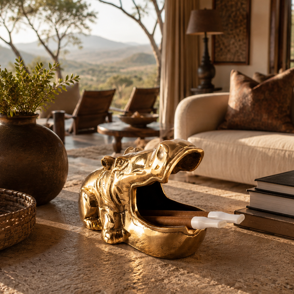A polished gold hippo-shaped candle holder with an open mouth, styled on a stone floor in a luxurious lodge setting with a savanna landscape view.