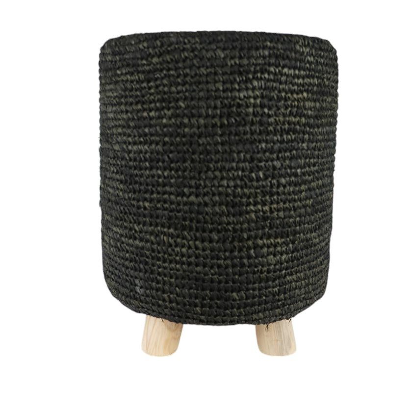 RAFFIA STOOLS WITH WOOD LEGS BLACK