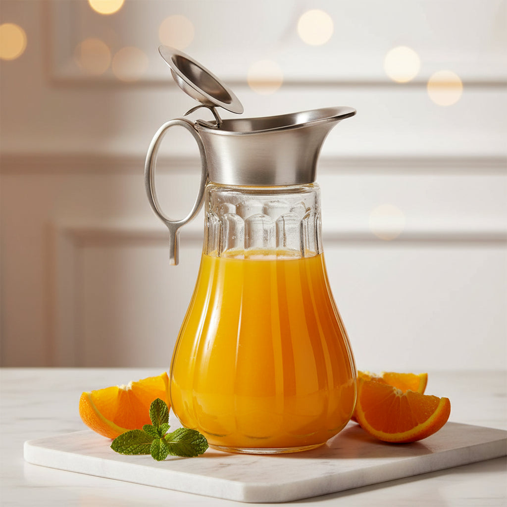Clear glass pitcher with silver lid and handle on a gray background