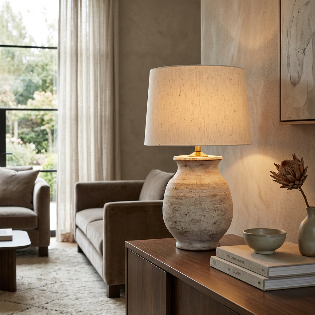 Distressed Natural Lamp Base with Off White Shade