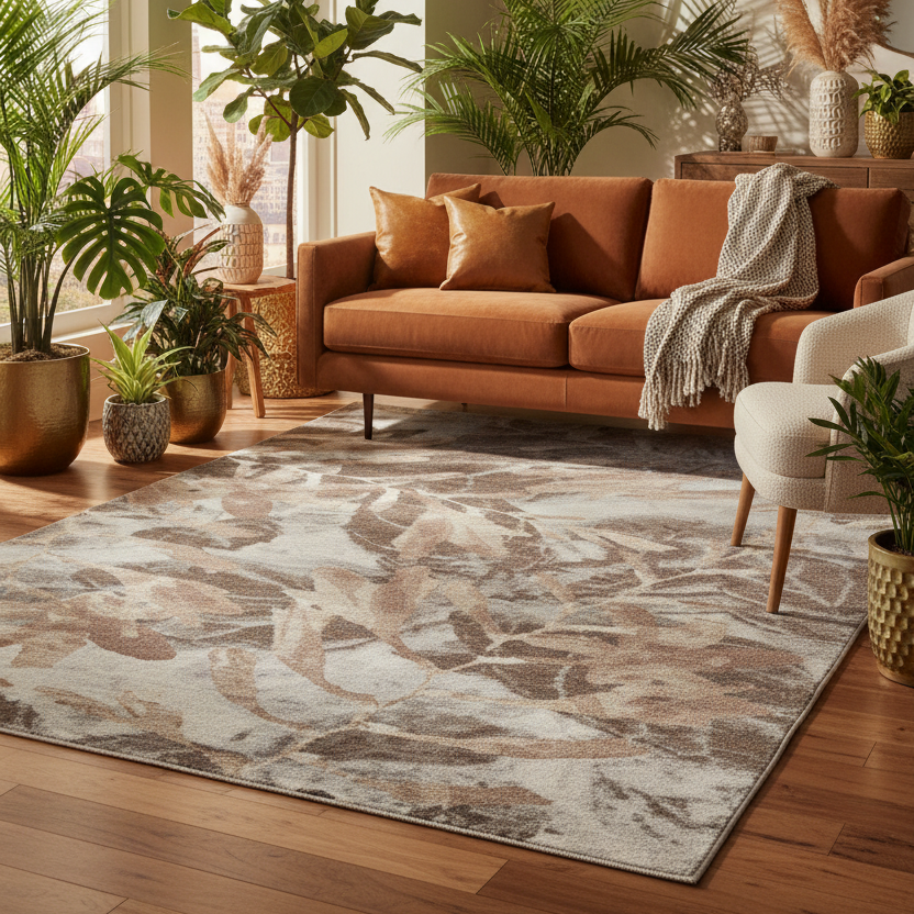 Rug with leaf pattern in brown and beige on a light background