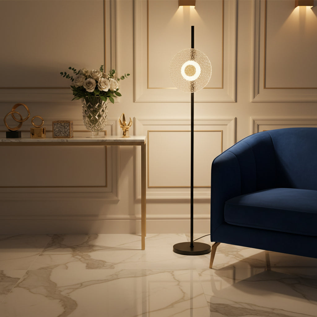 Floor lamp with decorative shade on a white background