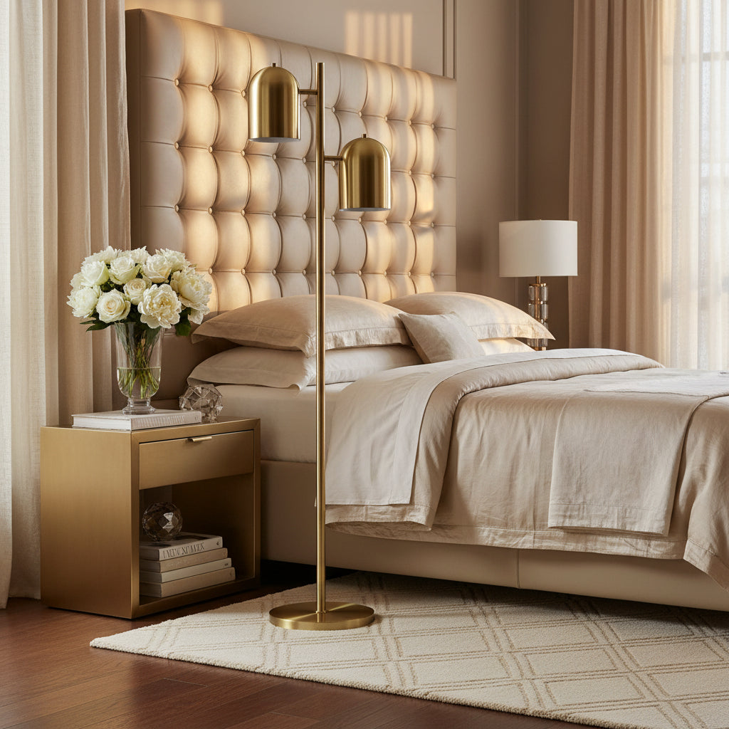Gold floor lamp with two cylindrical shades on a white background