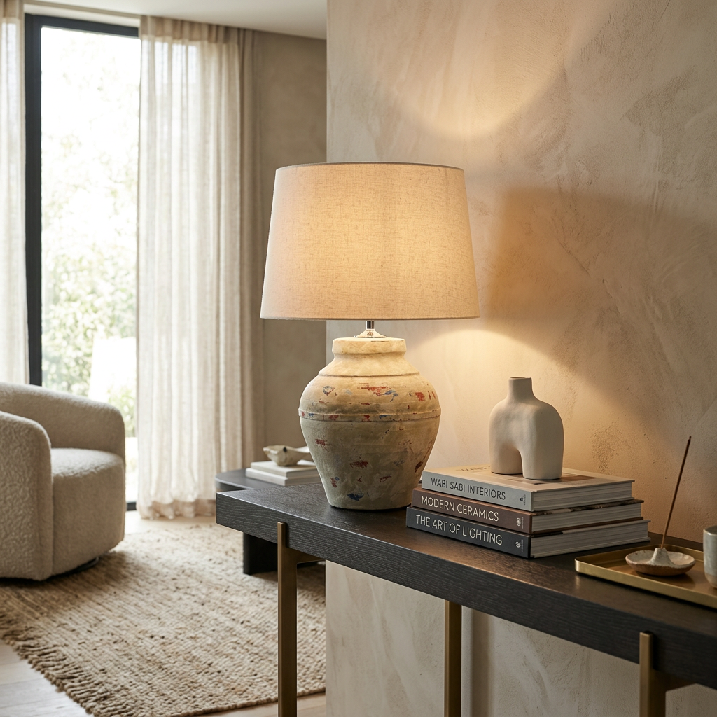 Distressed Natural Lamp Base with Off White Shade