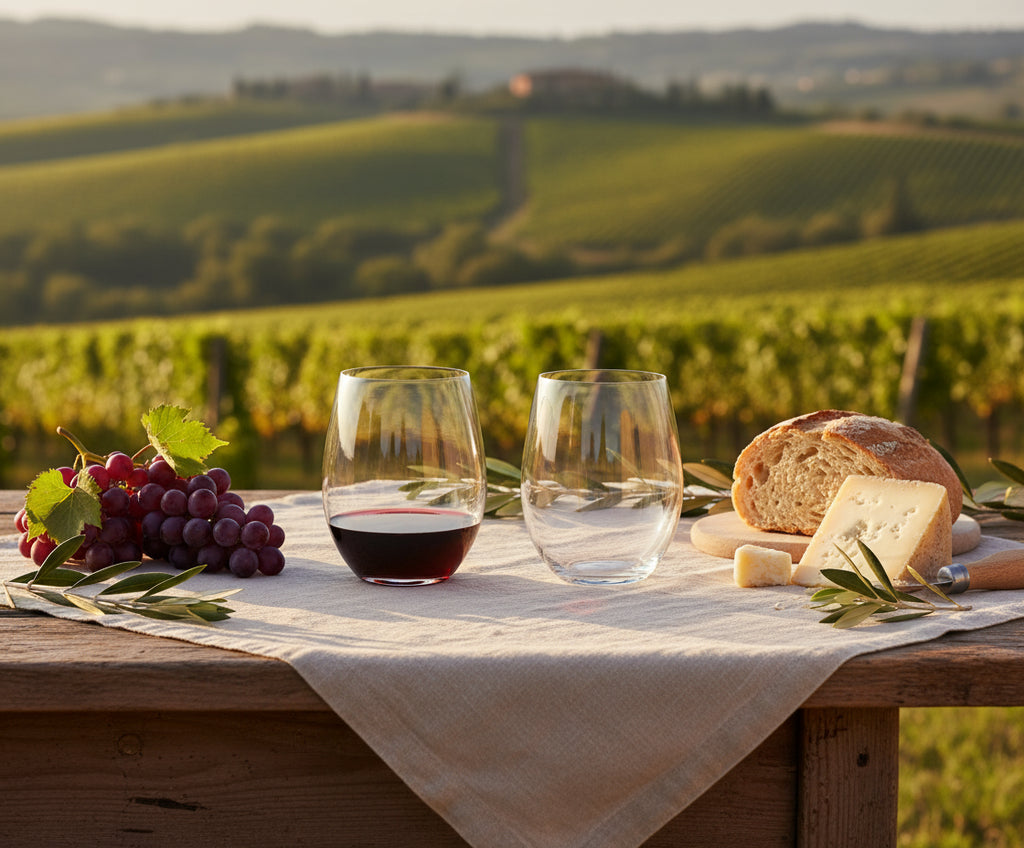 Two wine glasses, one filled with red wine, on a white background