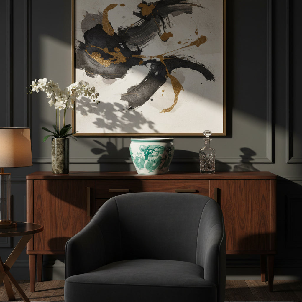 Ceramic pot with green decorative design on a beige background