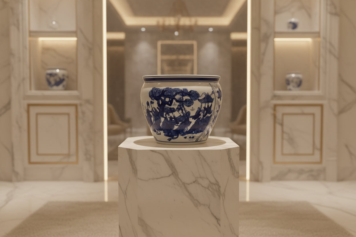 Blue and white ceramic pot with classical design on a plain background