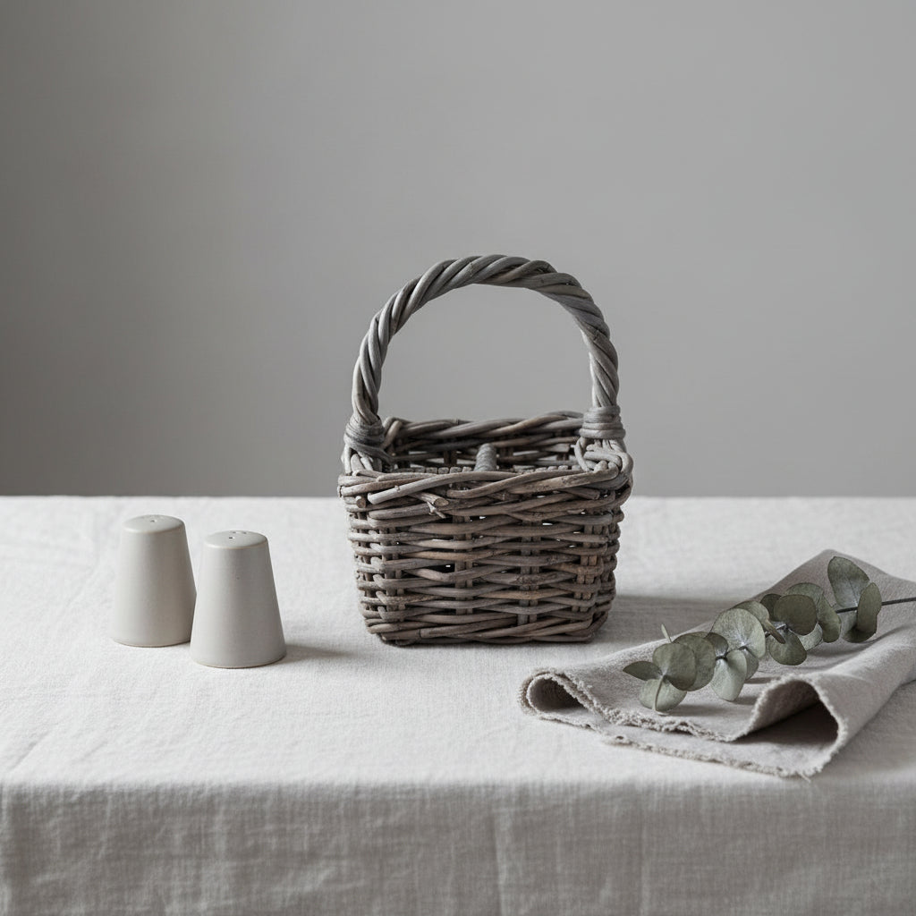 Woven basket with a handle on a white background