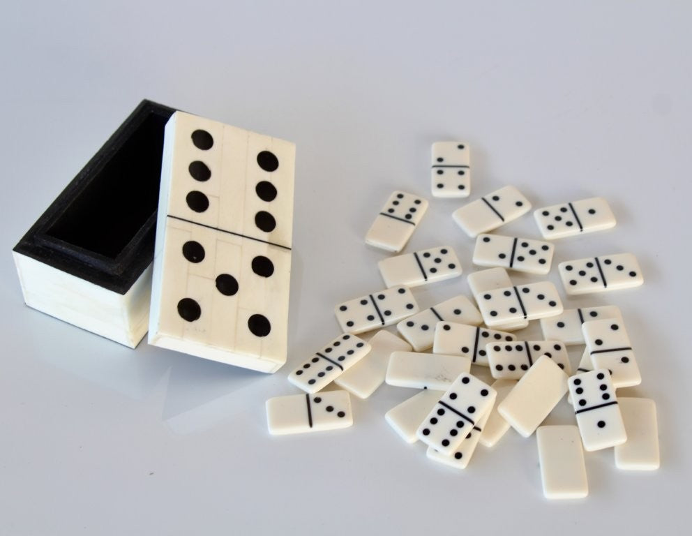 Set of dominoes with a black tile on a light gray background