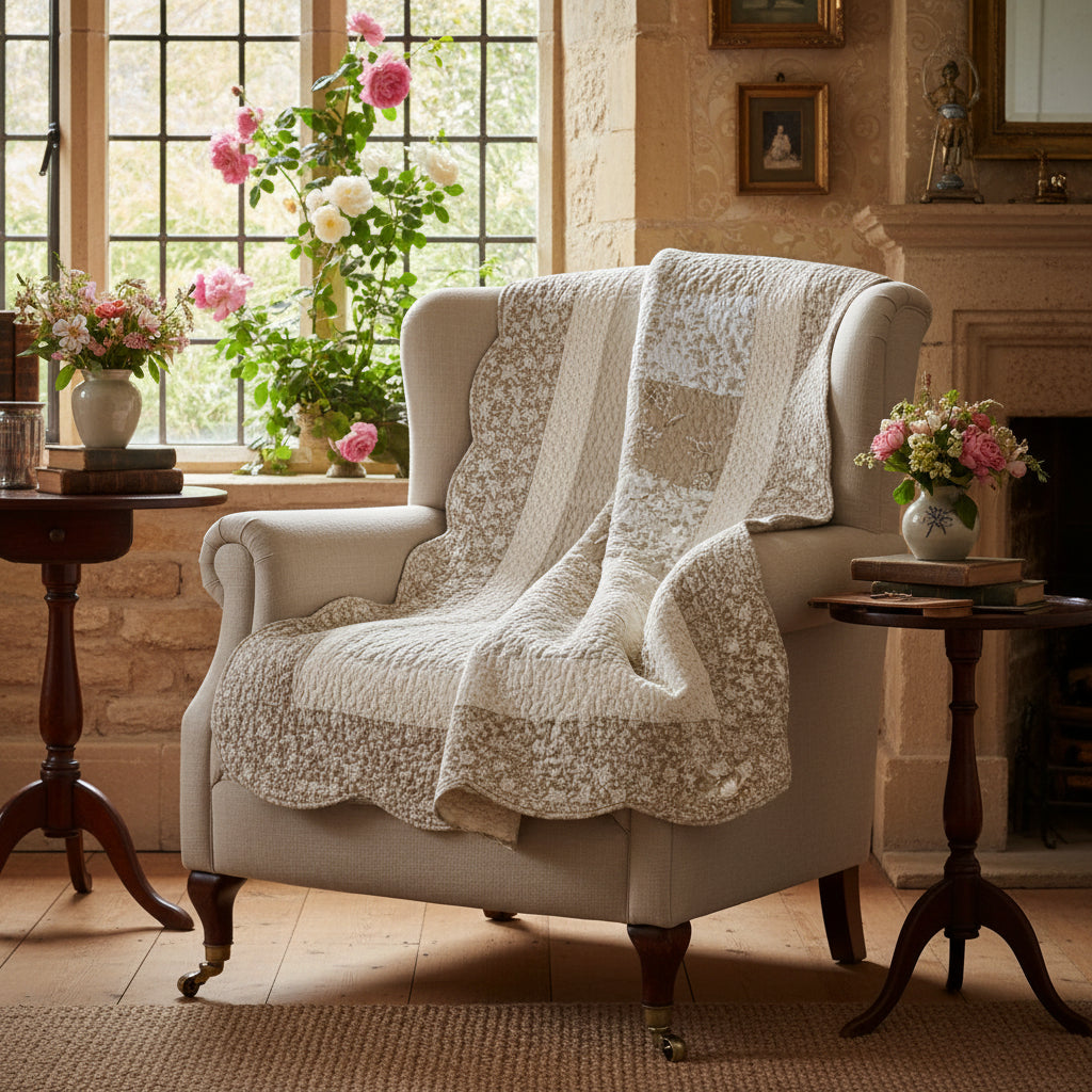 A quilted baby blanket with a patchwork design in beige, cream, and white floral patterns, featuring a scalloped edge and a soft fleece backing.