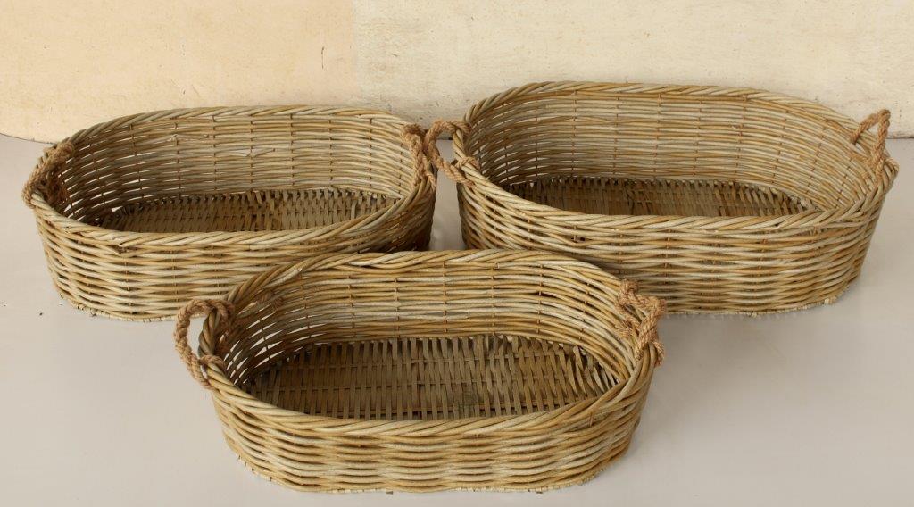 Set of 3 Synthetic Rattan Low Oval Outdoor Baskets