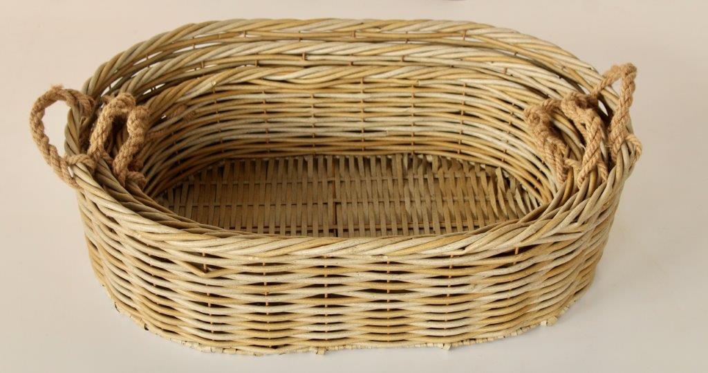 Set of 3 Synthetic Rattan Low Oval Outdoor Baskets