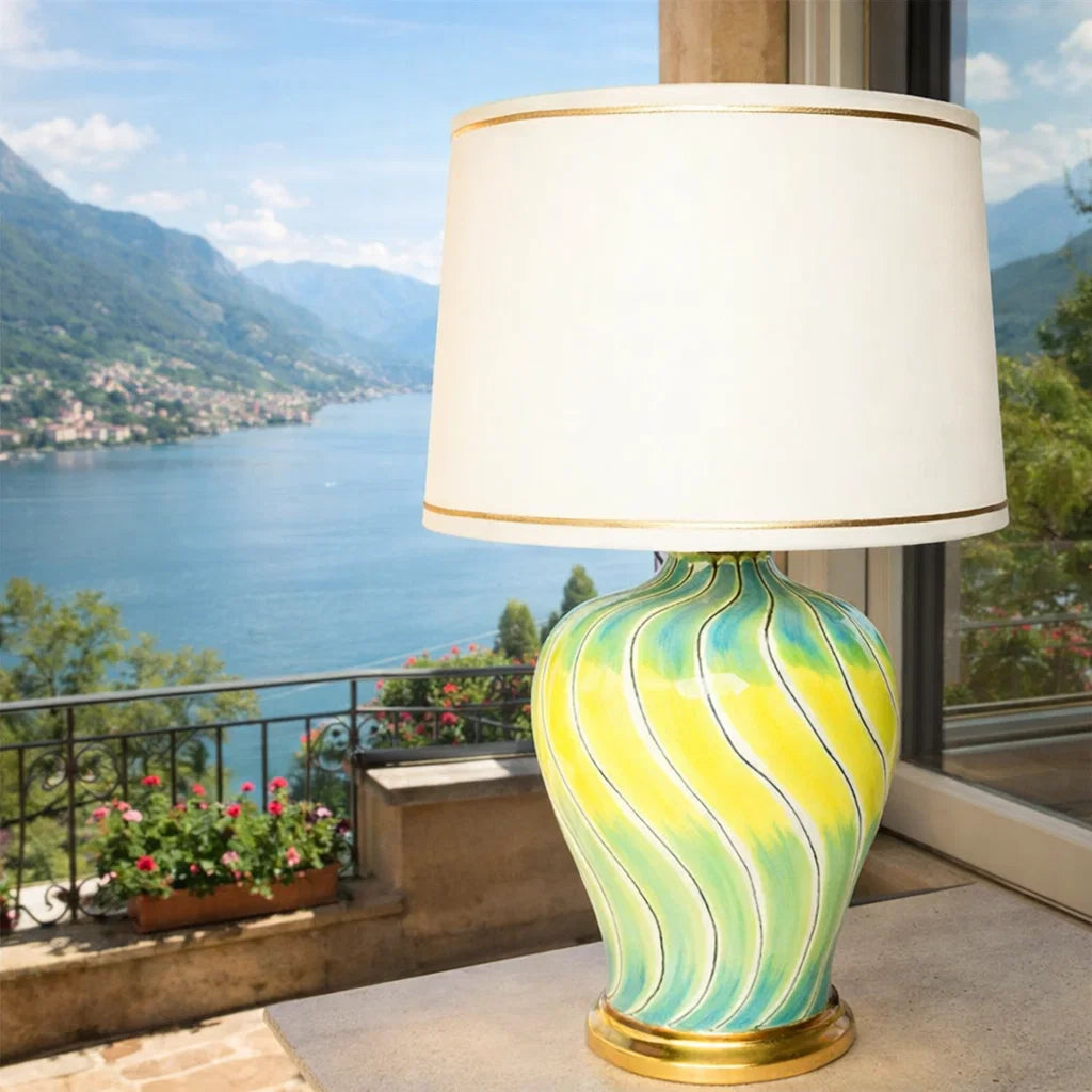 Sea Green, Yellow Swirl Lamp w/ Gold Trim Shade