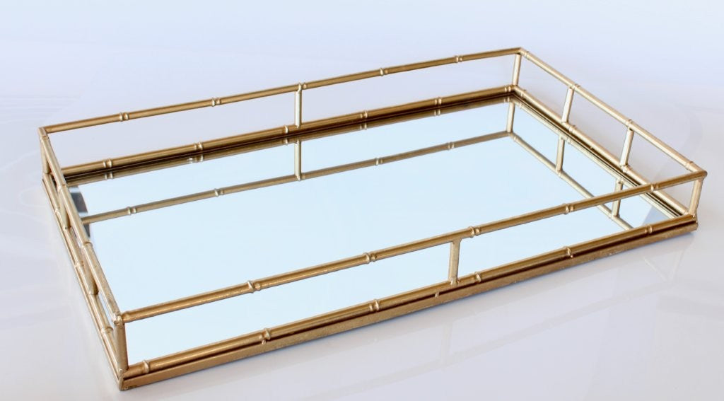 Gold Rectangular Bamboo Metal Mirror Tray