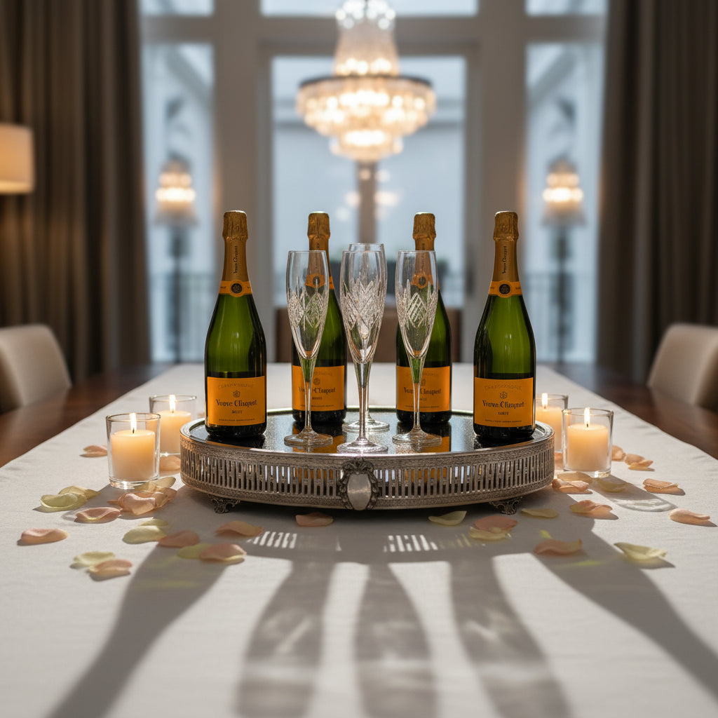 An oval-shaped antique silver trivet with multiple champagne bottles and glasses arranged on it, set against a white background.