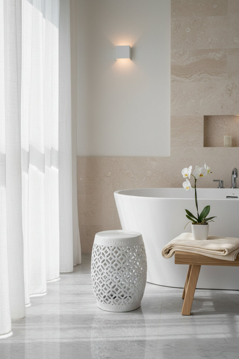 White ceramic stool with textured pattern on a light gray background