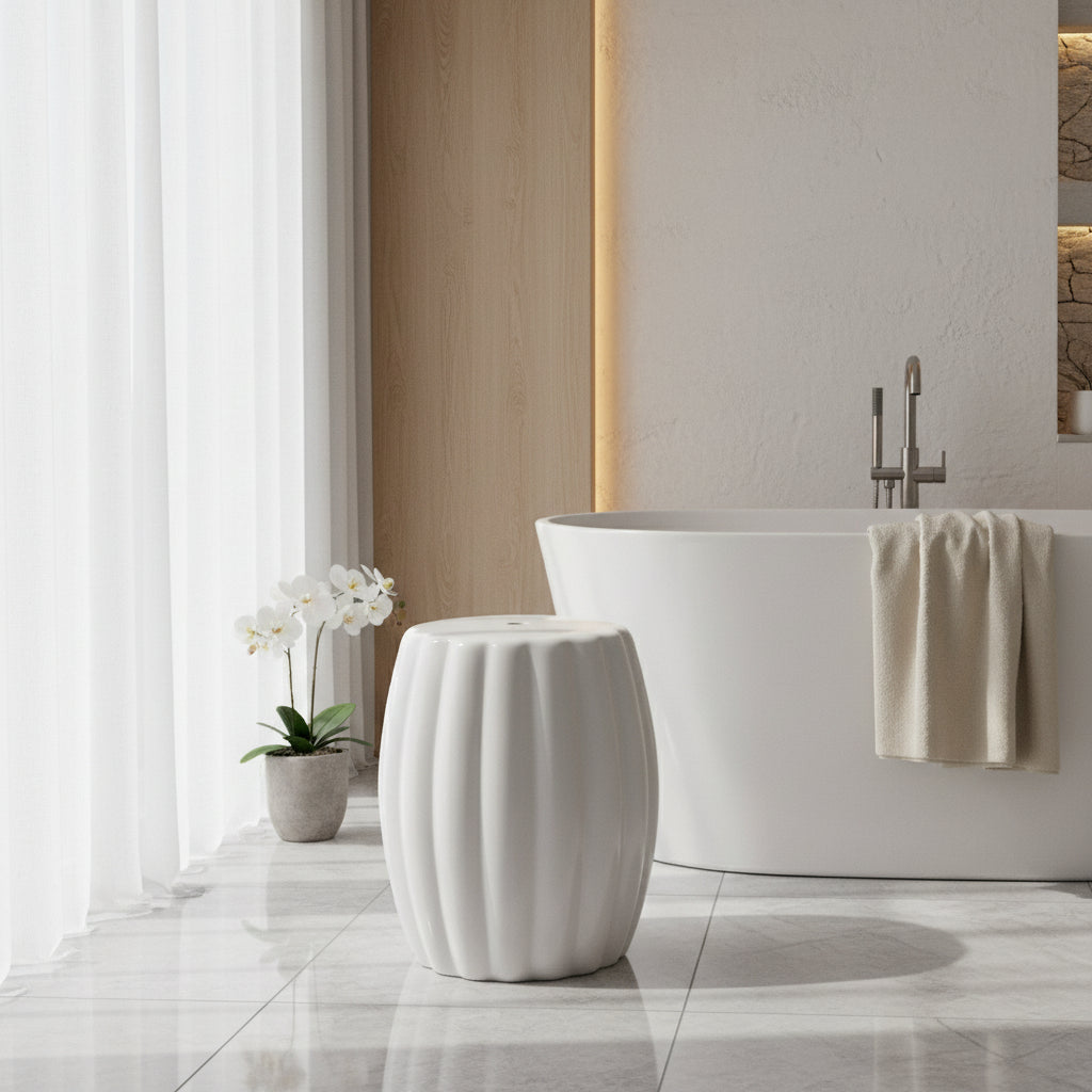 White ceramic Garden stool with ribbed texture on a light gray background