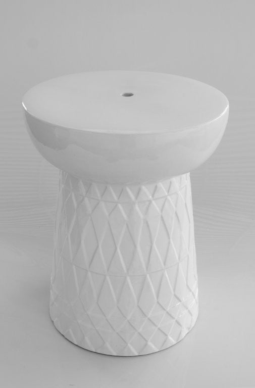WHITE CERAMIC GARDEN STOOL HARLEQUIN PATTERN
