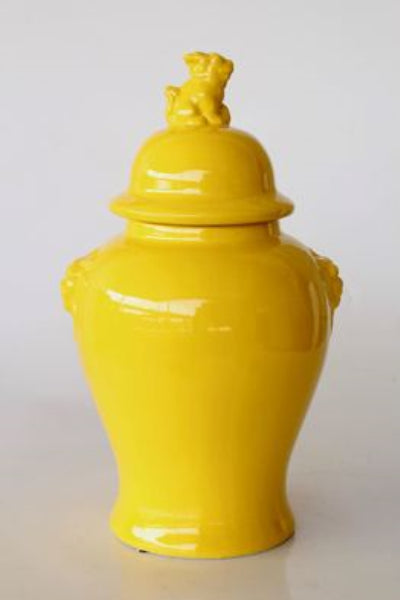 LARGE YELLOW GINGER JAR LION LID - NetDécor 