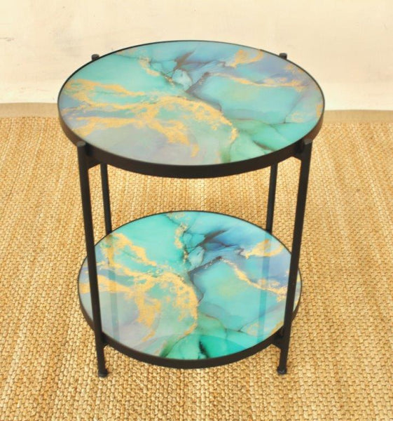 2 TIER BLUE GLASS(MARBLE) TABLE. - NetDécor 