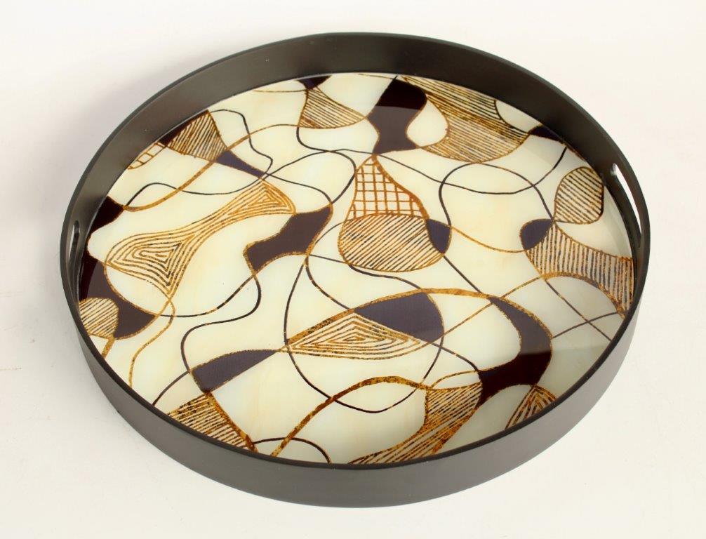 LARGE ROUND BLACK, WHITE & GOLD TRAY - NetDécor 