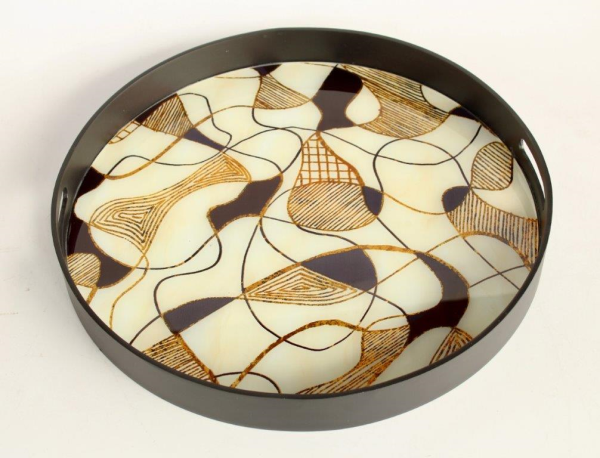 LARGE ROUND BLACK, WHITE & GOLD TRAY - NetDécor 