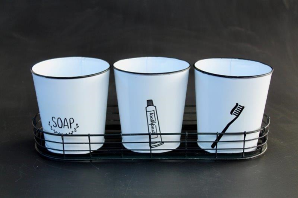 SET OF 3 ENAMEL BATHROOM PAILS IN STAND - NetDécor 