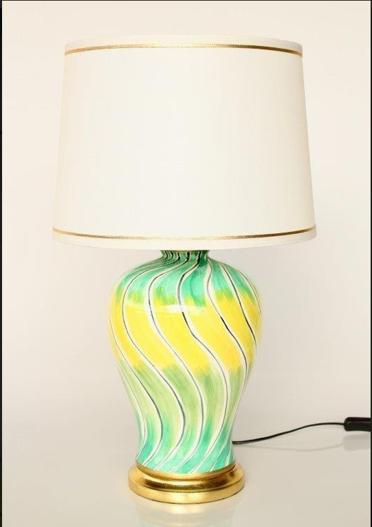 Sea Green, Yellow Swirl Lamp w/ Gold Trim Shade - NetDécor 