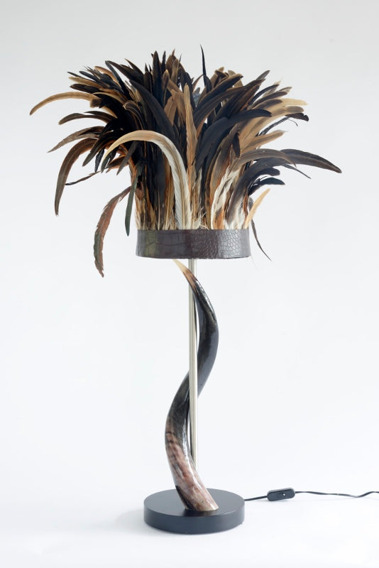 Polished Kudu Horn Table Lamp with Cocque Feather Shade - NetDécor 