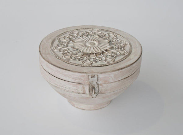 Round White Washed Wood and Metal Ornate Box with - NetDécor 