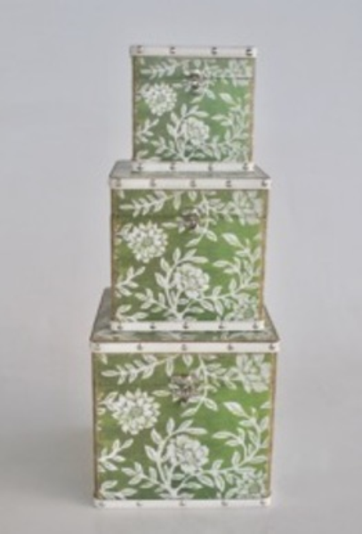 SET OF 3 SQUARE BOXES GREEN FLOWERS - NetDécor 