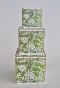 SET OF 3 SQUARE BOXES GREEN FLOWERS - NetDécor 