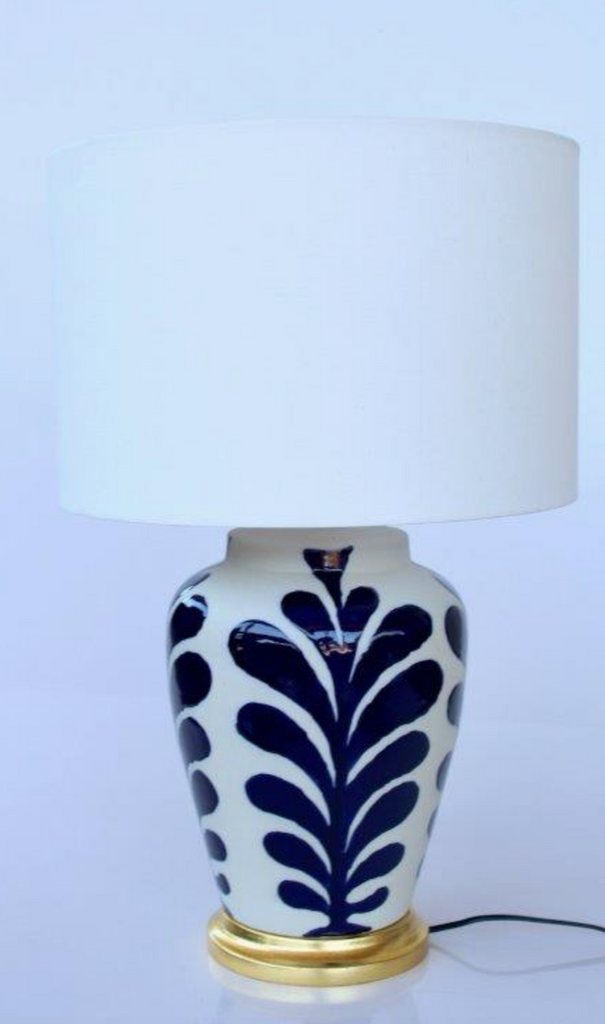 BLUE & WHITE PLANT DESIGN LAMP BASE OFF WHITE SHADE - NetDécor 