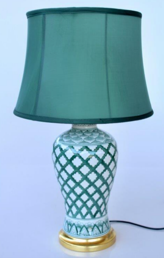 GREEN & WHITE LATTICE LAMP BASE GREEN SHADE - NetDécor 