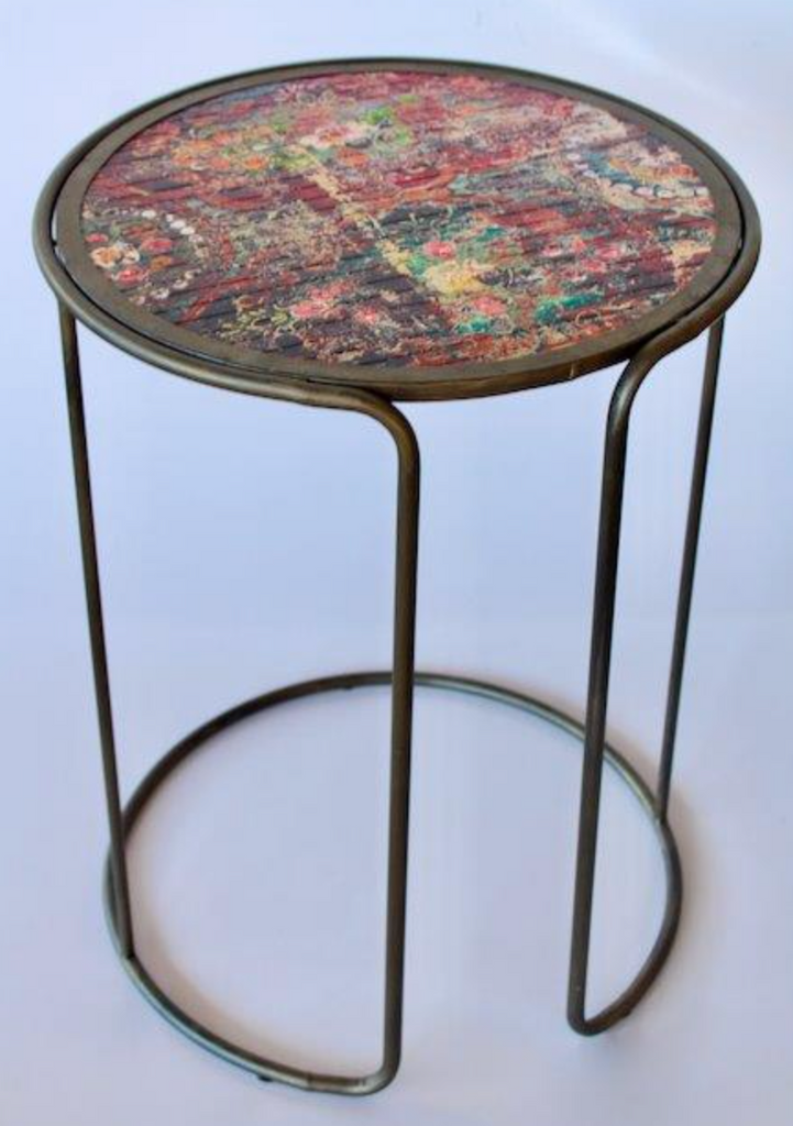 ROUND METAL TABLE WITH TAPESTRY DESIGN TOP - NetDécor 
