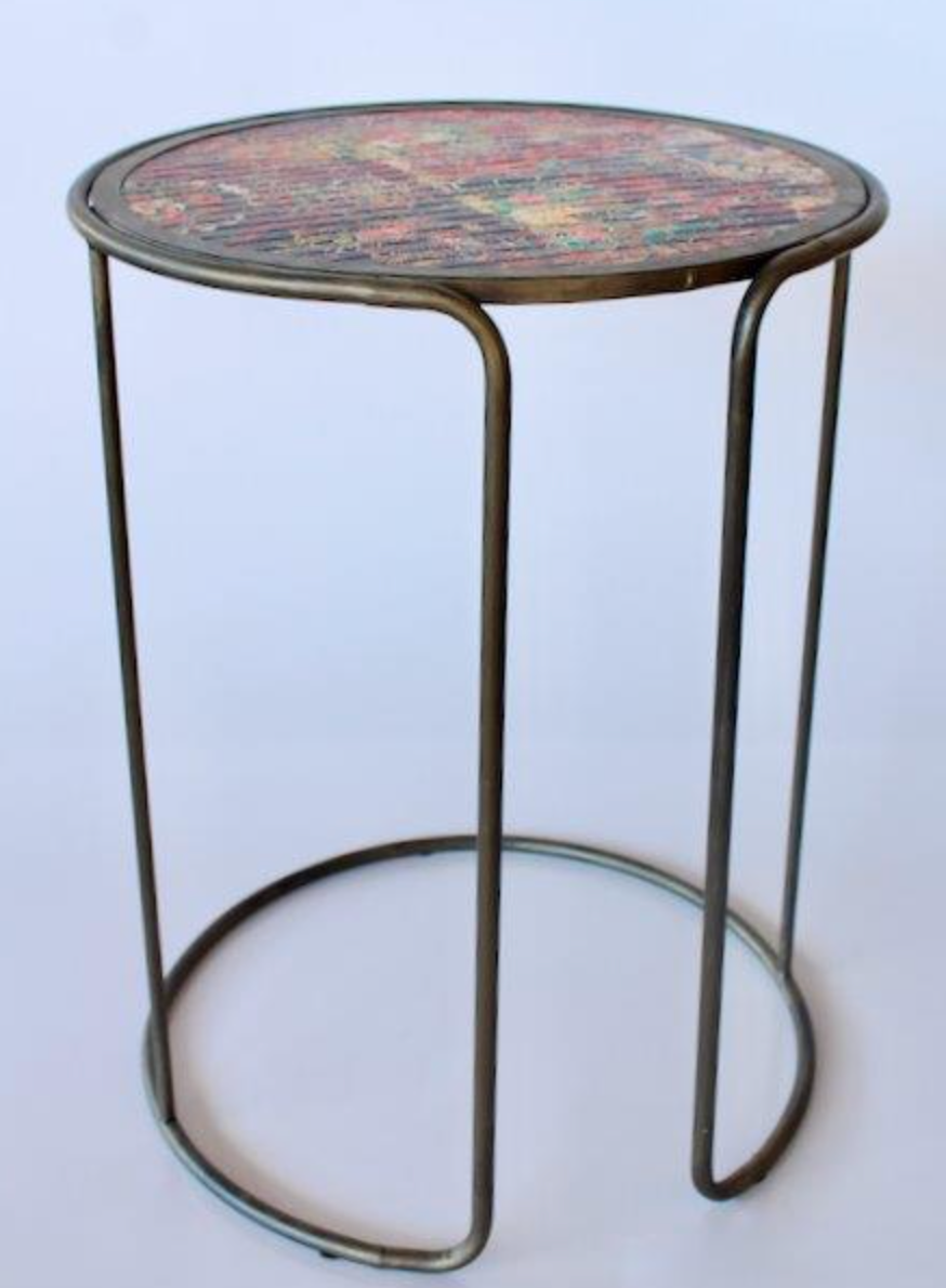 ROUND METAL TABLE WITH TAPESTRY DESIGN TOP - NetDécor 