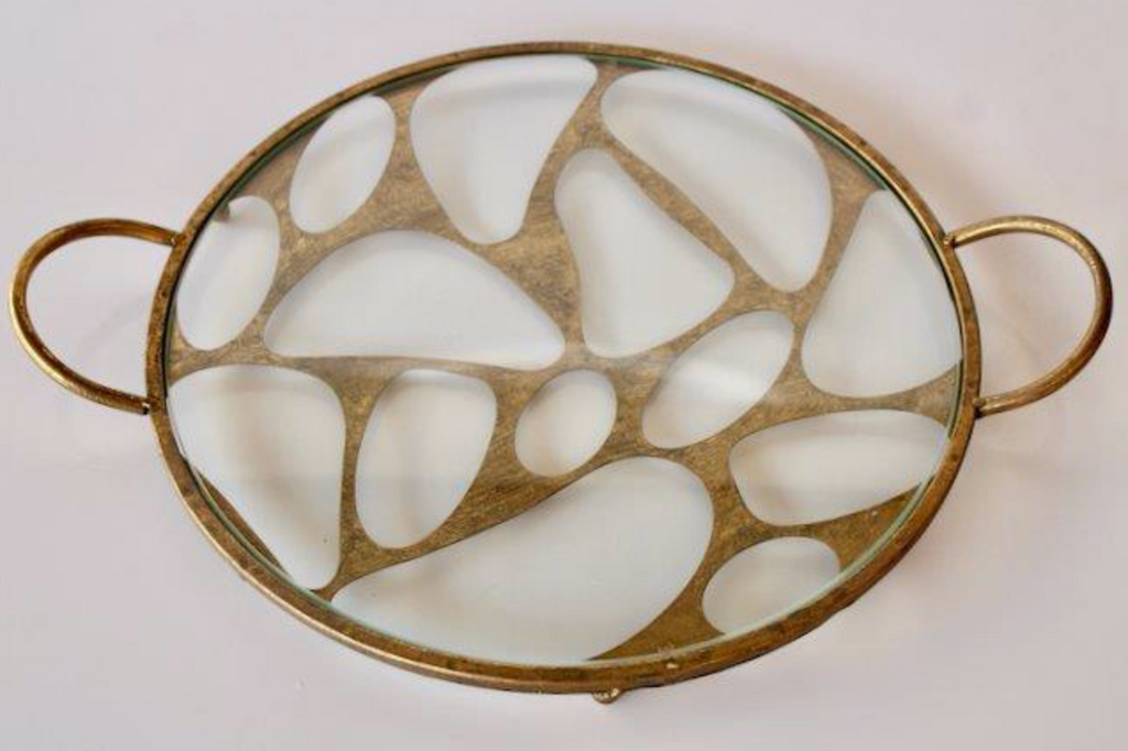 GOLD ROUND CUTOUT METAL TRAY GLASS TOP - NetDécor 
