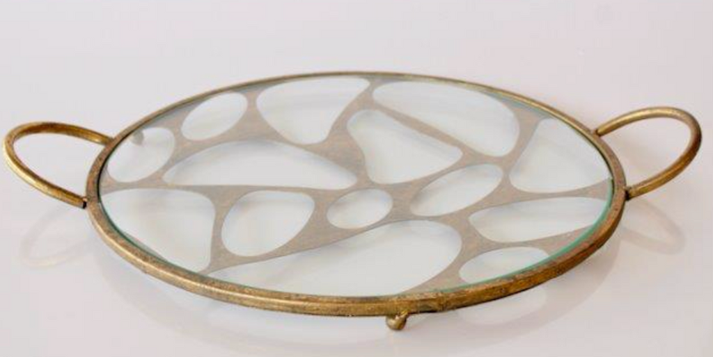 GOLD ROUND CUTOUT METAL TRAY GLASS TOP - NetDécor 