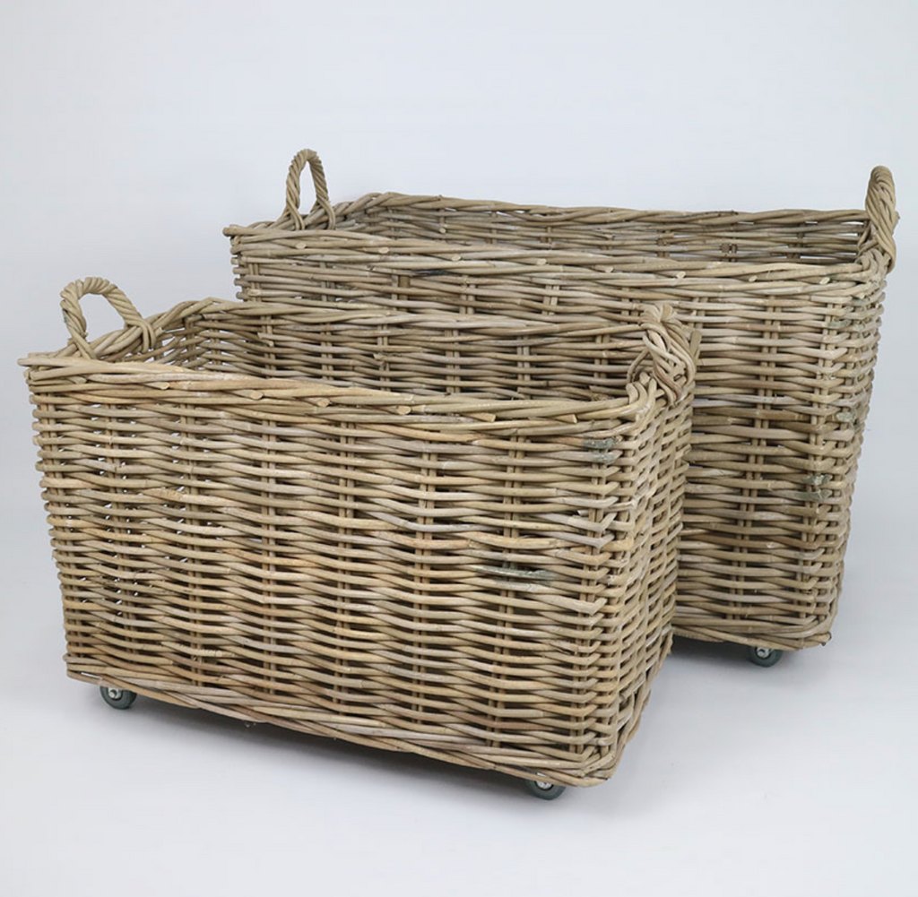 RATTAN THICK LAUNDRY SET OF 2 ON WHEELS GREY - NetDécor 
