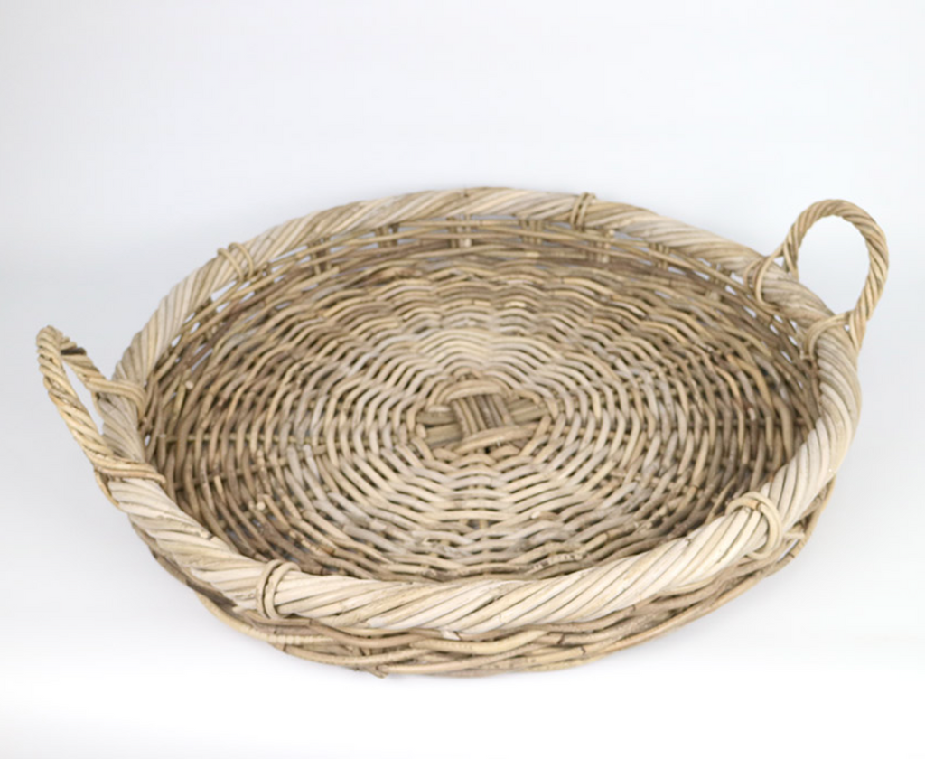 RATTAN THICK ROUND TABLE TRAY WITH HANDLES GREY - NetDécor 