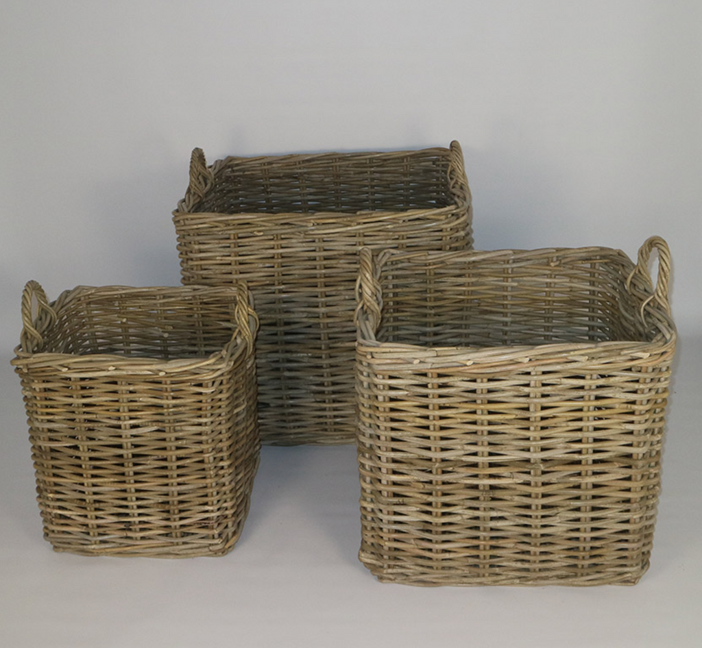 RATTAN THICK PLANTER SQUARE GIANT SET OF 3 GREY - NetDécor 