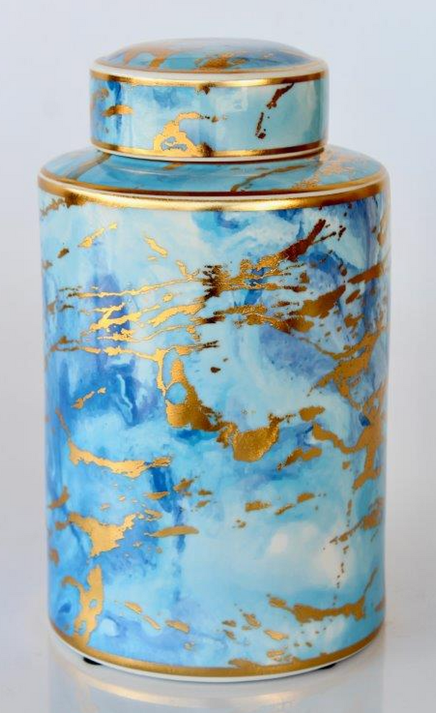 Blue & Gold Marbled Jar with Lid - NetDécor 