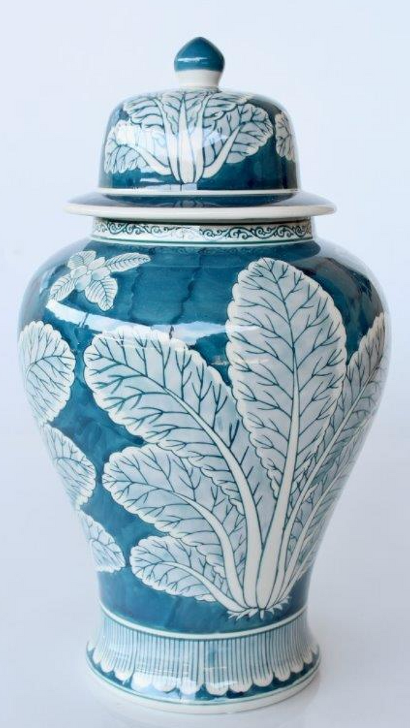 Blue and White Leaf Design Ginger Jar - NetDécor 